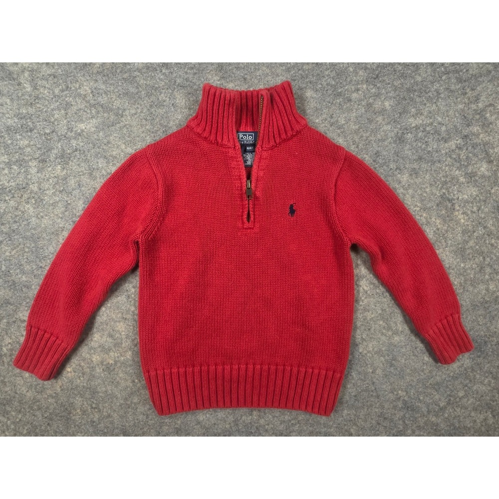 Polo Ralph Lauren Boys Red Quarter Zip Cotton Knit Sweater Size 4 4T *Flaw*